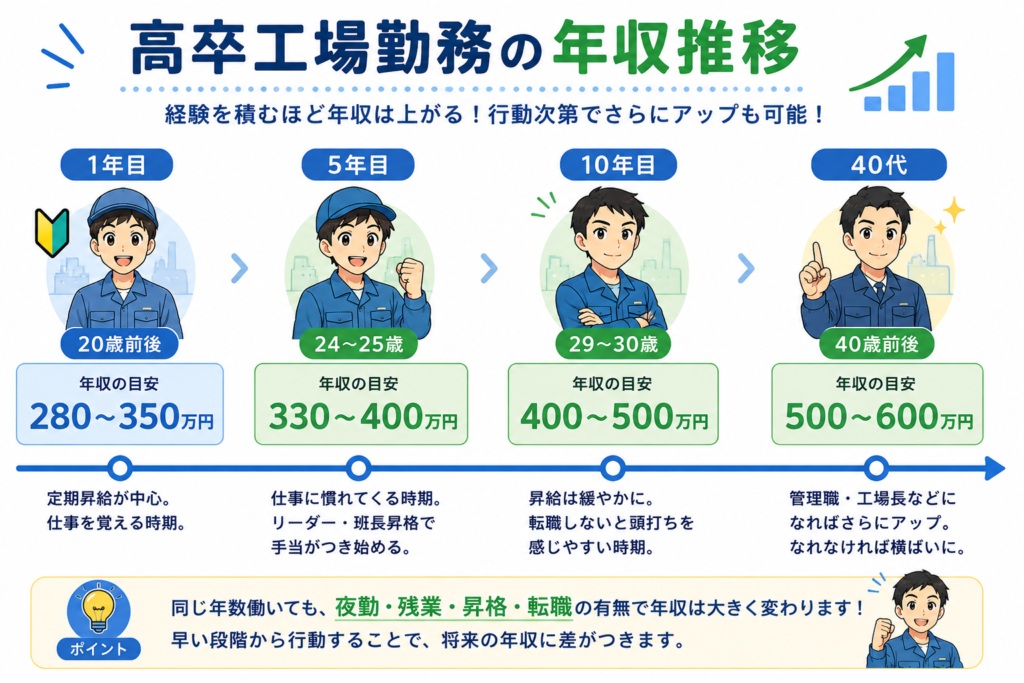 工場勤務20代から10年目までの年収推移グラフ