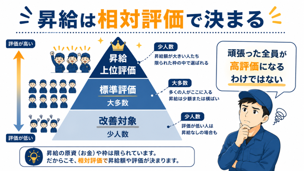 工場の昇給ピラミッド(昇給で上位に入れるのは一部だけ)を示した図