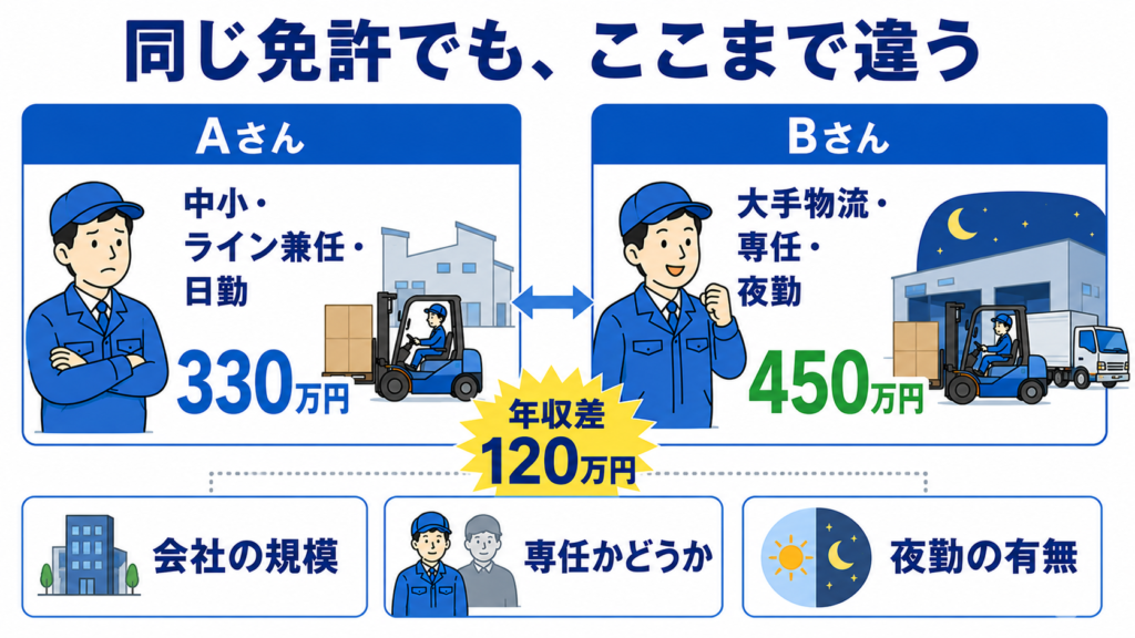 同じ28歳・同じフォークリフト免許でも、中小ライン兼任のAさんは年収330万円、大手物流専任・夜勤のBさんは450万円で120万円差