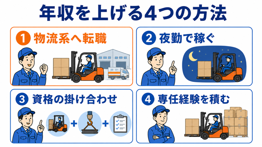 フォークリフトで年収を上げる4つの方法。①物流系へ転職②夜勤で稼ぐ③資格の掛け合わせ④専任経験を積む