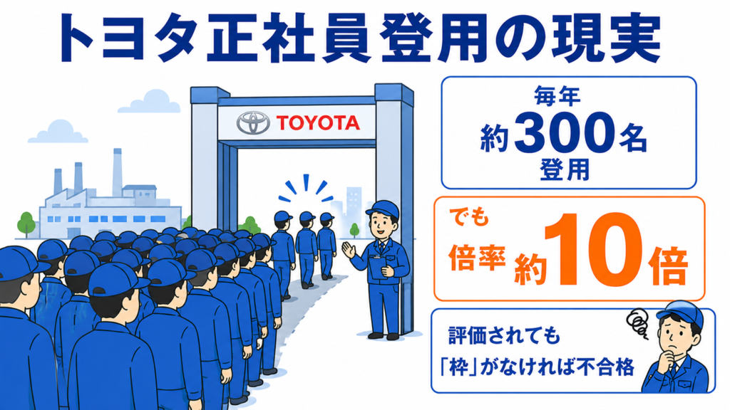 トヨタ正社員登用の現実。毎年約300名を登用するが倍率は約10倍で、評価されても枠がなければ不合格