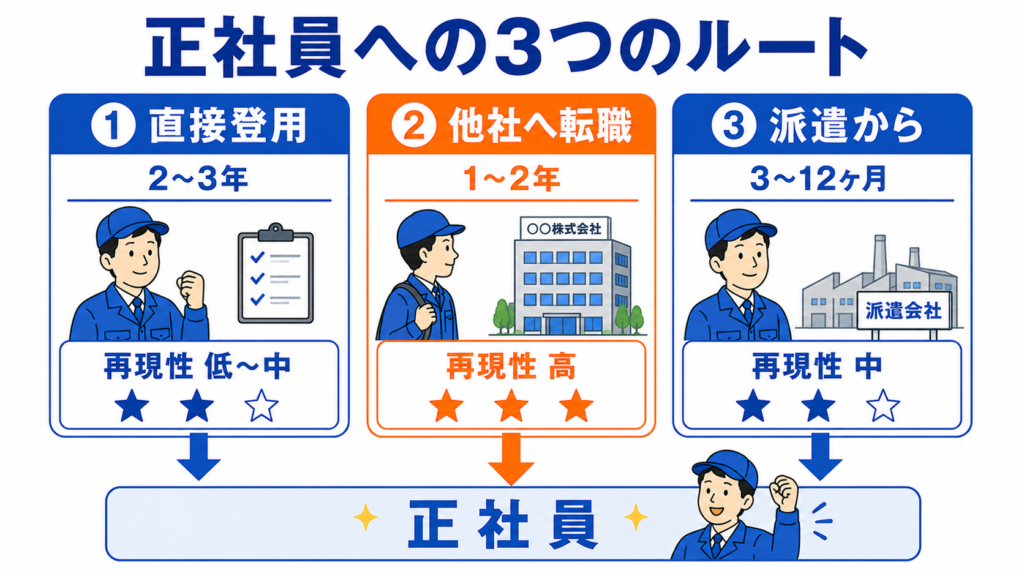 期間工から正社員への3つのルート。①直接登用(2〜3年・再現性低〜中)②他社へ転職(1〜2年・再現性高)③派遣から(3〜12ヶ月・再現性中)