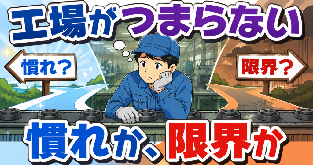 工場がつまらないのは慣れか限界か。ライン作業中に考え込む工場作業員と、慣れ・限界の分かれ道を示すアイキャッチ