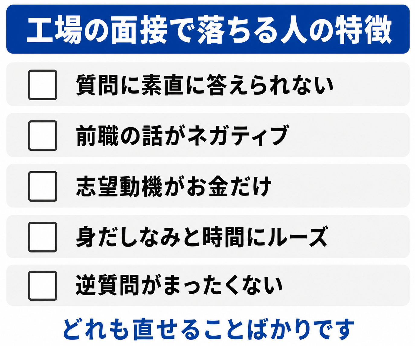 工場の面接で落ちる人の特徴5つ。質問に素直に答えられない、前職の話がネガティブ、志望動機がお金だけ、身だしなみと時間にルーズ、逆質問がまったくない