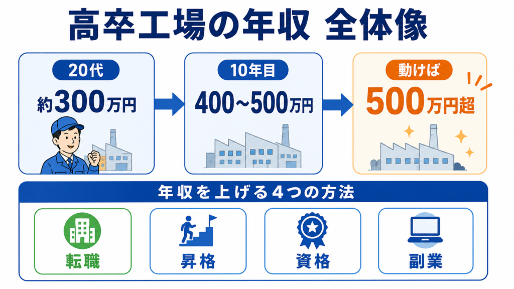 高卒工場の年収の全体像。20代約300万円から10年目400〜500万円、動けば500万円超。上げる方法は転職・昇格・資格・副業の4つ