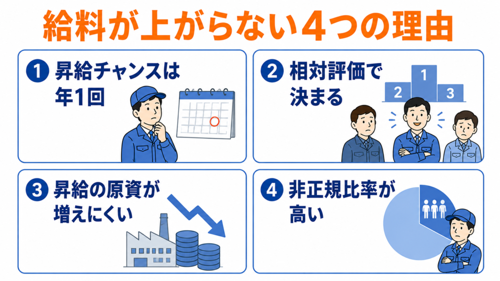 工場・製造業で給料が上がらない4つの理由。①昇給チャンスは年1回②相対評価で決まる③昇給の原資が増えにくい④非正規比率が高い